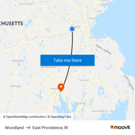 Woodland to East Providence, RI map