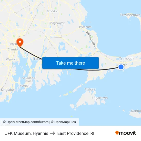 JFK Museum, Hyannis to East Providence, RI map