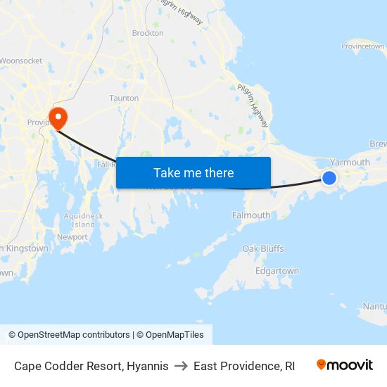 Cape Codder Resort, Hyannis to East Providence, RI map