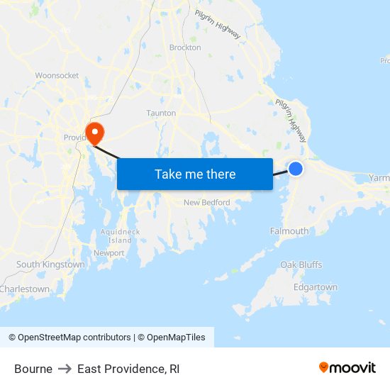 Bourne to East Providence, RI map