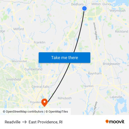 Readville to East Providence, RI map