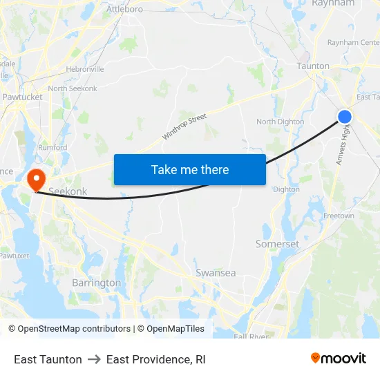 East Taunton to East Providence, RI map
