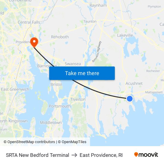 SRTA New Bedford Terminal to East Providence, RI map