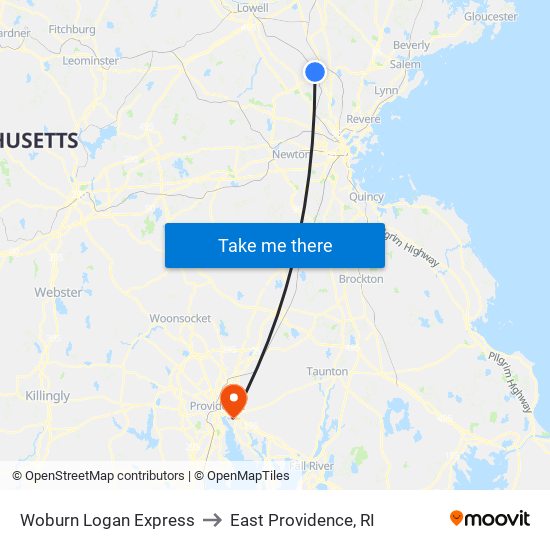 Woburn Logan Express to East Providence, RI map