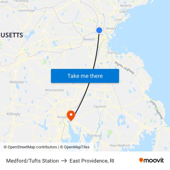 Medford/Tufts Station to East Providence, RI map