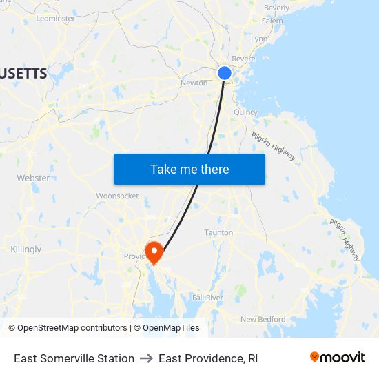 East Somerville Station to East Providence, RI map