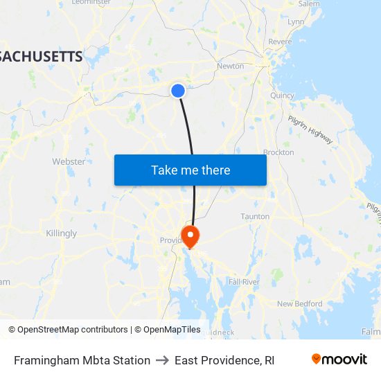 Framingham Mbta Station to East Providence, RI map