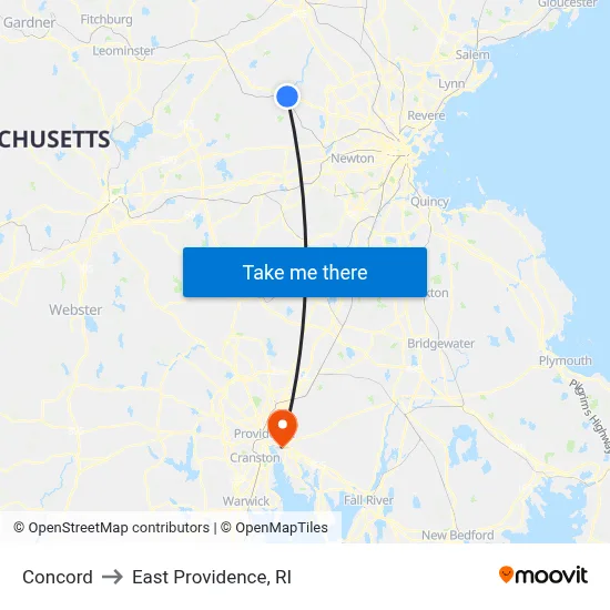 Concord to East Providence, RI map