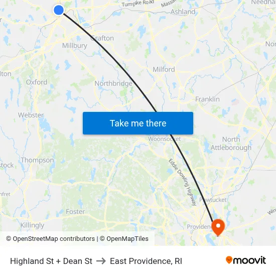 Highland St + Dean St to East Providence, RI map