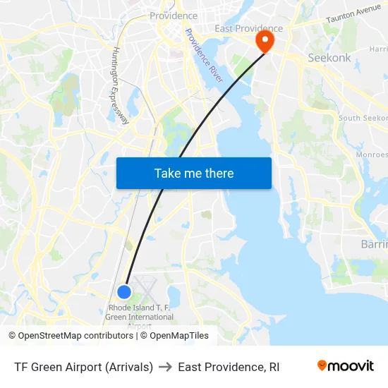 TF Green Airport (Arrivals) to East Providence, RI map