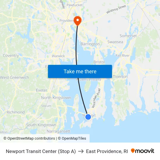 Newport Transit Center (Stop A) to East Providence, RI map