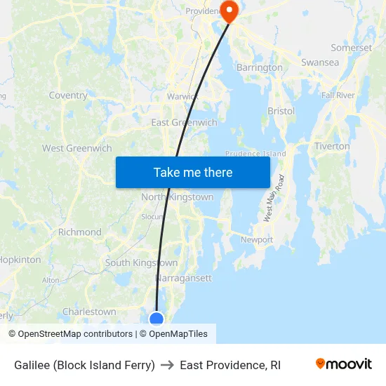 Galilee (Block Island Ferry) to East Providence, RI map