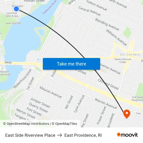 East Side Riverview Place to East Providence, RI map