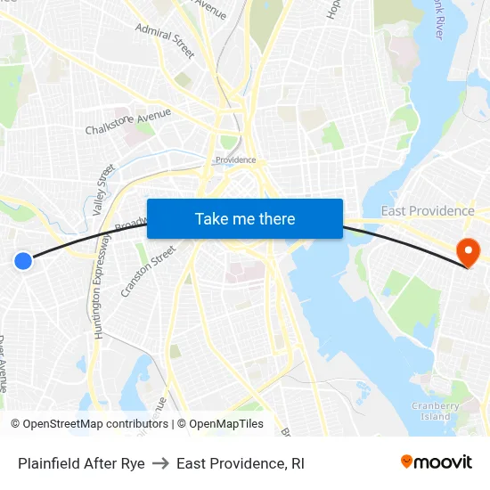 Plainfield After Rye to East Providence, RI map