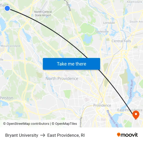 Bryant University to East Providence, RI map