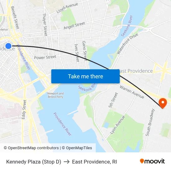 Kennedy Plaza (Stop D) to East Providence, RI map