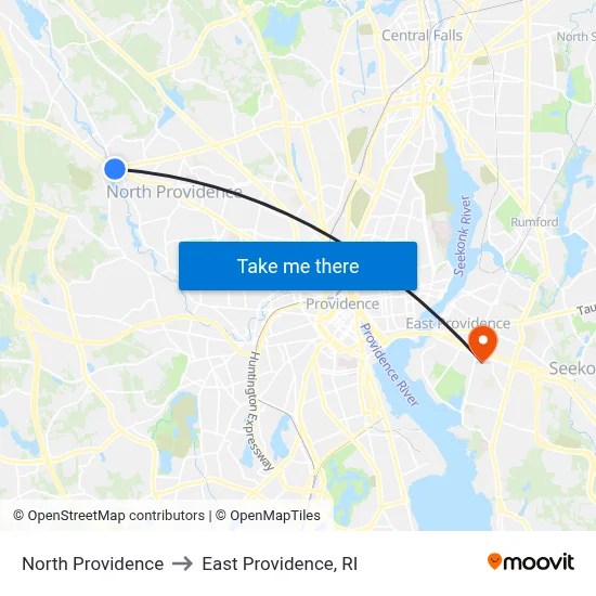 North Providence to East Providence, RI map