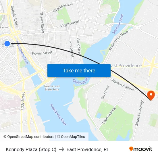 Kennedy Plaza (Stop C) to East Providence, RI map