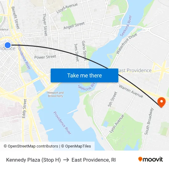 Kennedy Plaza (Stop H) to East Providence, RI map