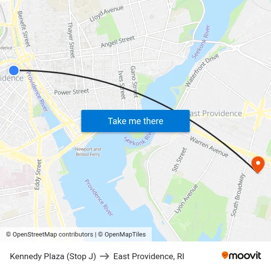 Kennedy Plaza (Stop J) to East Providence, RI map