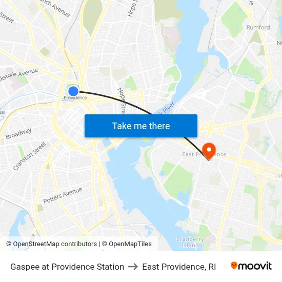 Gaspee at Providence Station to East Providence, RI map