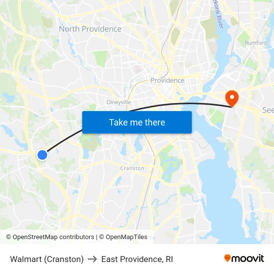 Walmart (Cranston) to East Providence, RI map