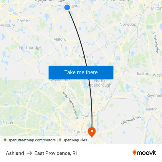 Ashland to East Providence, RI map