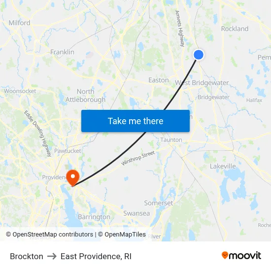 Brockton to East Providence, RI map