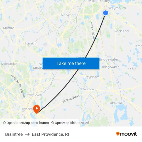 Braintree to East Providence, RI map