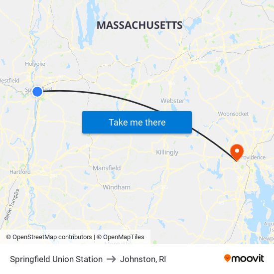 Springfield Union Station to Johnston, RI map