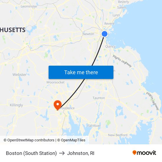 Boston (South Station) to Johnston, RI map