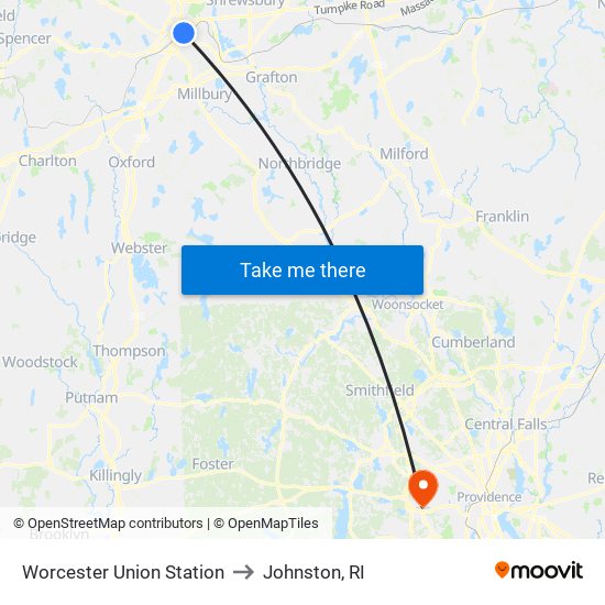 Worcester Union Station to Johnston, RI map