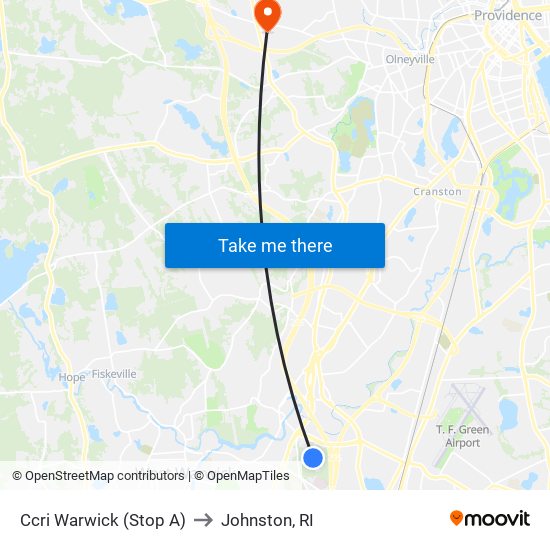 Ccri Warwick (Stop A) to Johnston, RI map