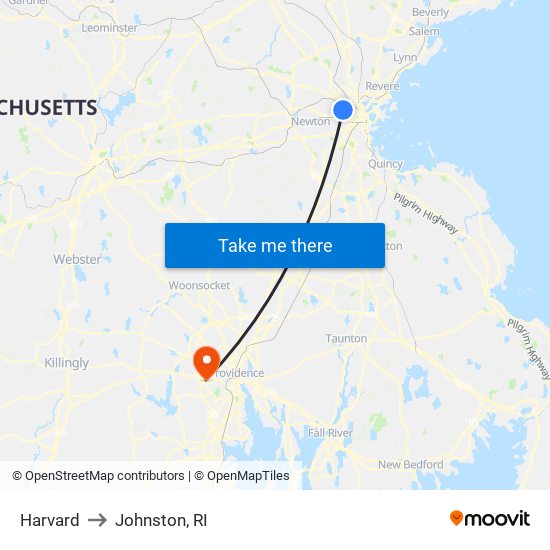 Harvard to Johnston, RI map