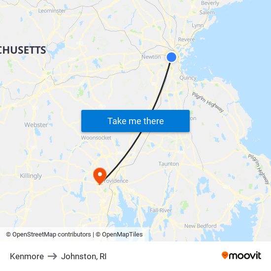 Kenmore to Johnston, RI map