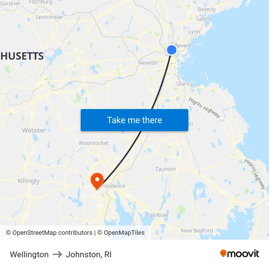 Wellington to Johnston, RI map