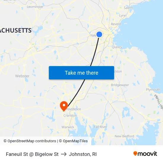 Faneuil St @ Bigelow St to Johnston, RI map