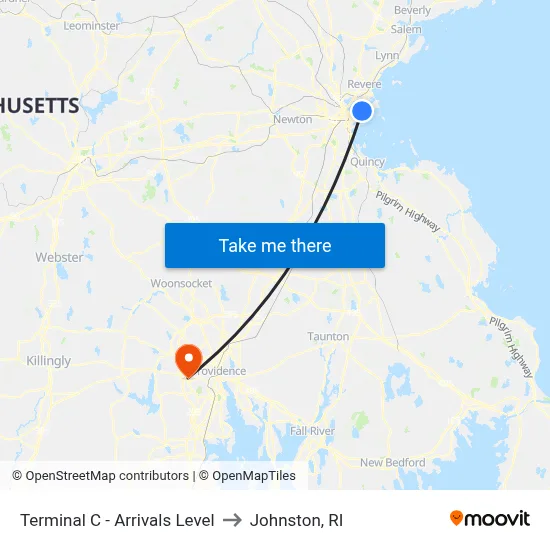 Terminal C - Arrivals Level to Johnston, RI map