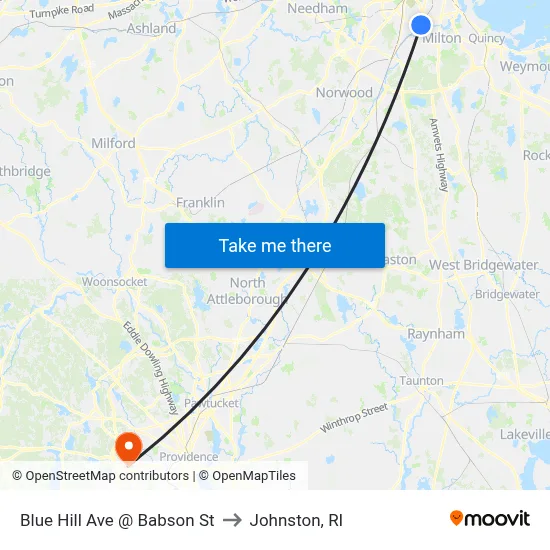Blue Hill Ave @ Babson St to Johnston, RI map
