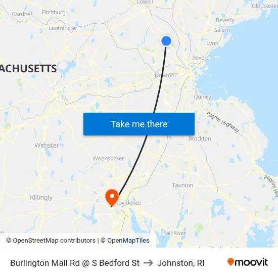 Burlington Mall Rd @ S Bedford St to Johnston, RI map