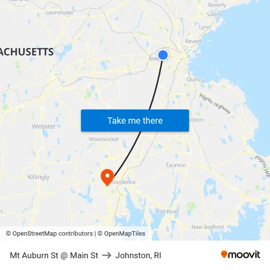 Mt Auburn St @ Main St to Johnston, RI map