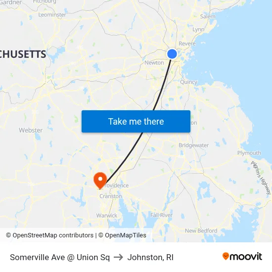 Somerville Ave @ Union Sq to Johnston, RI map