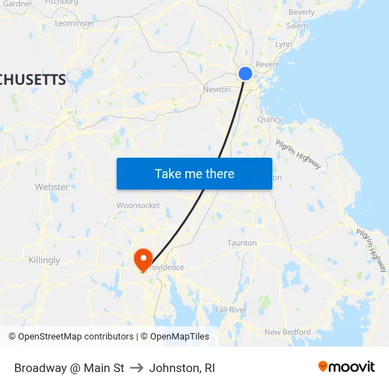 Broadway @ Main St to Johnston, RI map