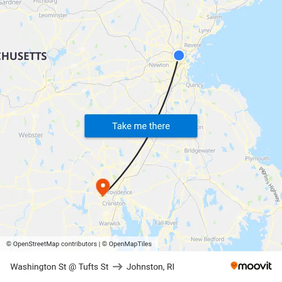 Washington St @ Tufts St to Johnston, RI map