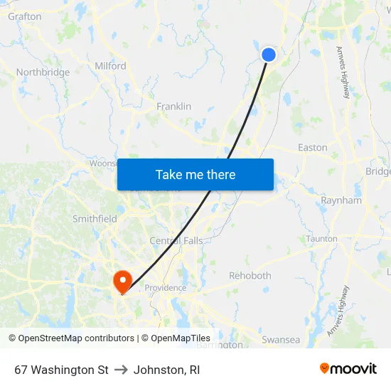 67 Washington St to Johnston, RI map