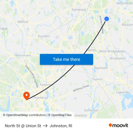 North St @ Union St to Johnston, RI map
