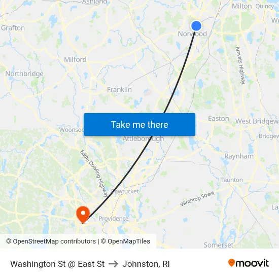 Washington St @ East St to Johnston, RI map