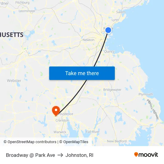 Broadway @ Park Ave to Johnston, RI map