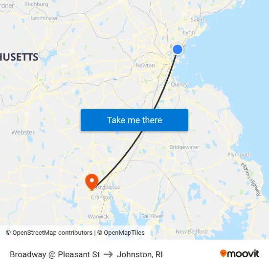 Broadway @ Pleasant St to Johnston, RI map