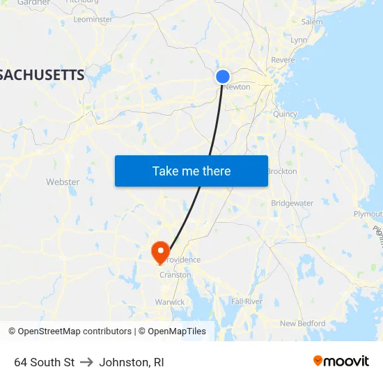 64 South St to Johnston, RI map